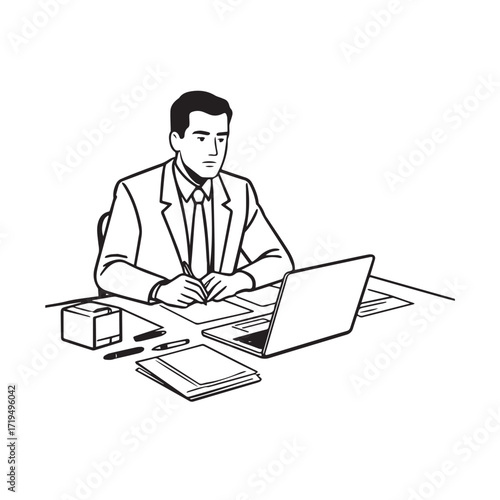 Black and white line art of a hardworking man at office desk with laptop and documents minimalist illustration