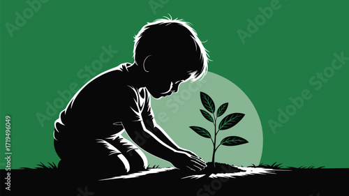Young boy planting a tree seedling in rich soil, symbolizing growth, nature, and environmental stewardship for a sustainable future