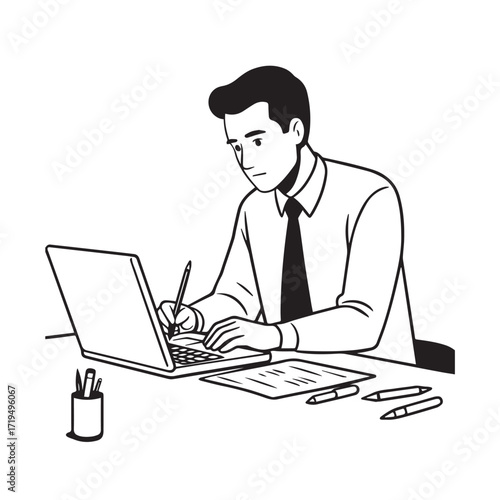 Black and white line art of a hardworking man at office desk with laptop and documents minimalist illustration