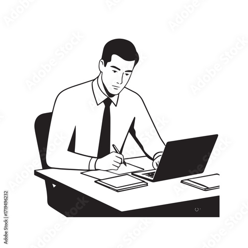 Black and white line art of a hardworking man at office desk with laptop and documents minimalist illustration