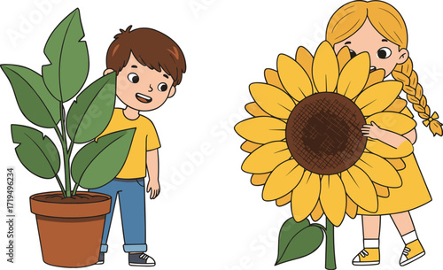  Happy kids with plants, a little boy with a potted plant and a girl with a sunflower, vector illustration.