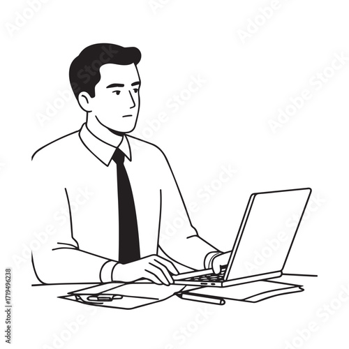 Black and white line art of a hardworking man at office desk with laptop and documents minimalist illustration