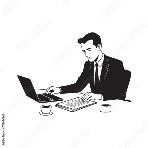 Black and white line art of a hardworking man at office desk with laptop and documents minimalist illustration