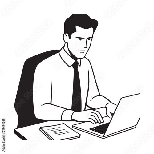 Black and white line art of a hardworking man at office desk with laptop and documents minimalist illustration