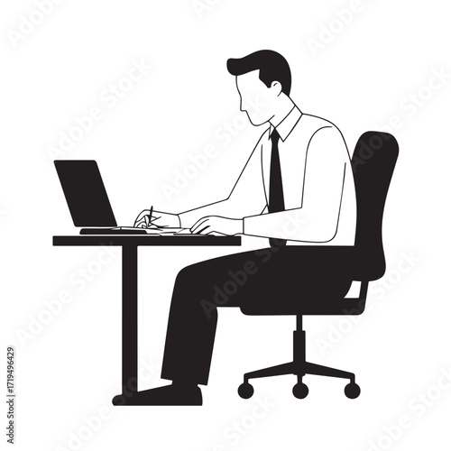 Black and white line art of a hardworking man at office desk with laptop and documents minimalist illustration