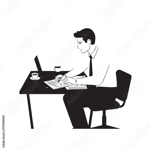 Black and white line art of a hardworking man at office desk with laptop and documents minimalist illustration