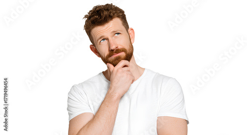  a man with a beard, thinking and looking up, isolated on a transparent background 