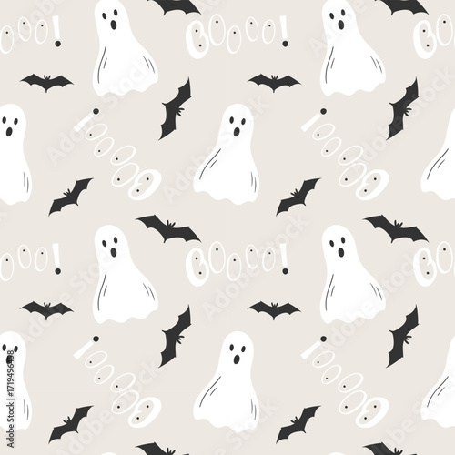 Halloween light pattern with ghostly BOOO and dark silhouette of bats.