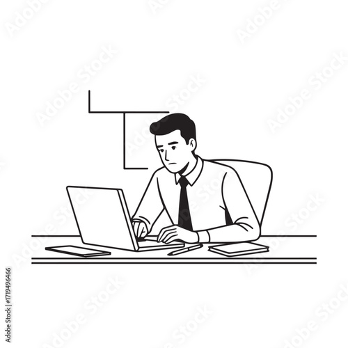 Black and white line art of a hardworking man at office desk with laptop and documents minimalist illustration