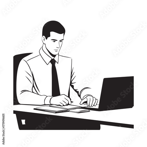 Black and white line art of a hardworking man at office desk with laptop and documents minimalist illustration