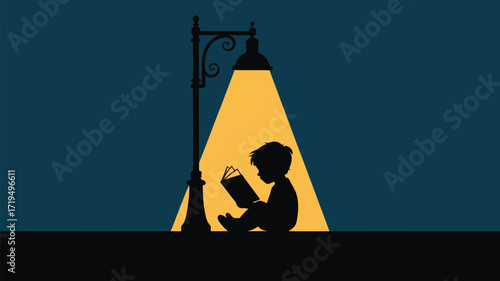 Boy engrossed in captivating book under the warm glow of a vintage street lamp, igniting imagination and a love for reading in the tranquil night