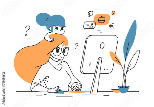 Vector illustration of a mother working at her desk with a small child sitting on her head, both seriously looking at the computer screen while searching for jobs and opportunities at home.