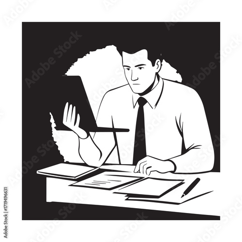 Black and white line art of a hardworking man at office desk with laptop and documents minimalist illustration