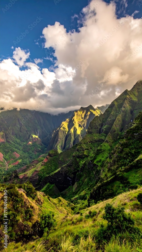 Naklejka premium Lush valley, vibrant mountains under a dramatic sky