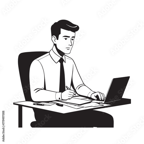 Black and white line art of a hardworking man at office desk with laptop and documents minimalist illustration