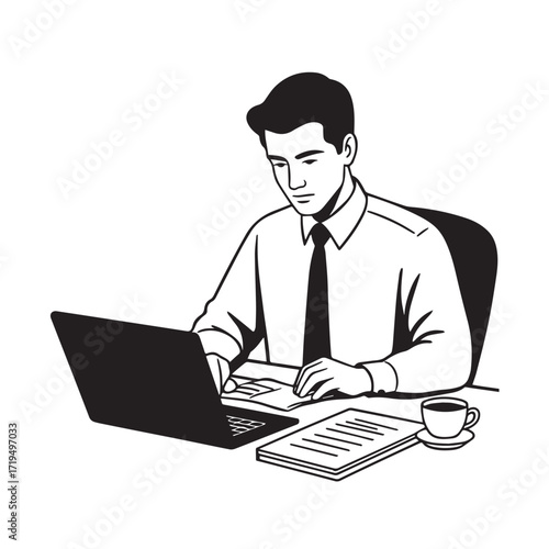 Black and white line art of a hardworking man at office desk with laptop and documents minimalist illustration