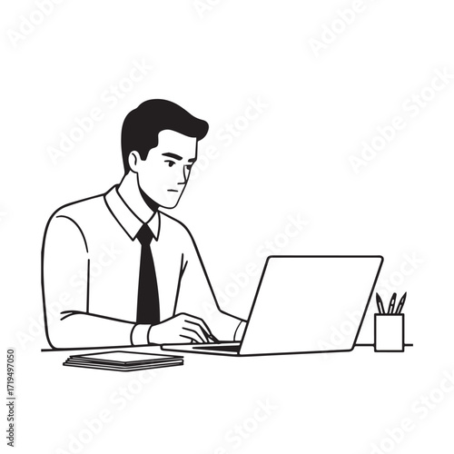 Black and white line art of a hardworking man at office desk with laptop and documents minimalist illustration