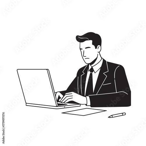 Black and white line art of a hardworking man at office desk with laptop and documents minimalist illustration