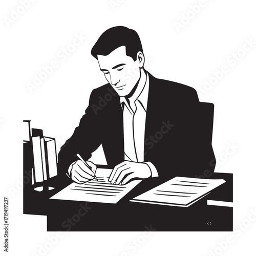 Black and white line art of a hardworking man at office desk with laptop and documents minimalist illustration