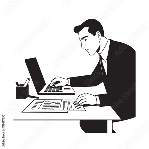 Black and white line art of a hardworking man at office desk with laptop and documents minimalist illustration