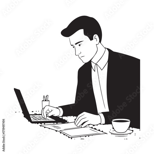 Black and white line art of a hardworking man at office desk with laptop and documents minimalist illustration