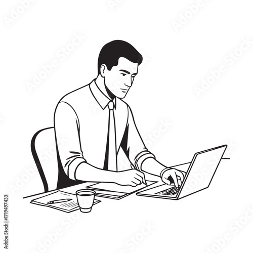 Black and white line art of a hardworking man at office desk with laptop and documents minimalist illustration