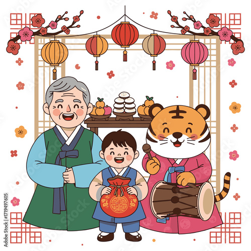 A charming illustration of a Korean family with a tiger celebrating Chuseok (Korean Thanksgiving) with food and lanterns. vector illustration