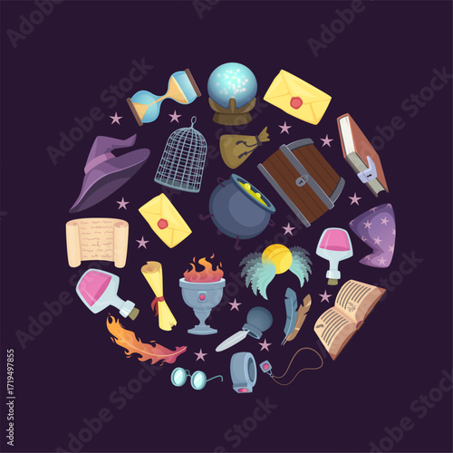 Magic circle. round background with fairytale magician items for fantasy wizards