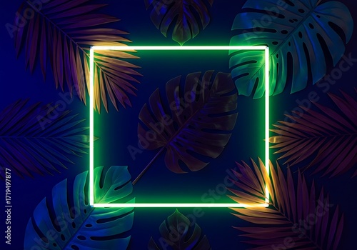Creative fluorescent tropical leaves with glowing neon square frame, flat lay nature concept