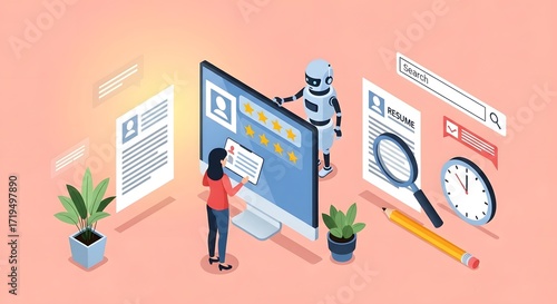 Ai recruitment process a business woman and an ai robot reviewing candidates profiles highlighting the automation and efficiency in hr tech