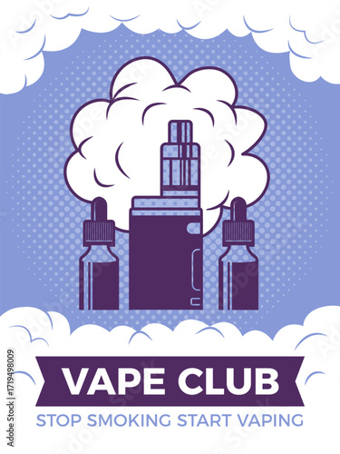 Vape club poster. Placard for smokers. vector stylized template with steam clouds