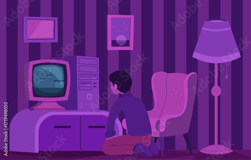 Watching tv retro. lo fi concept background with boy playing on PC in retro games