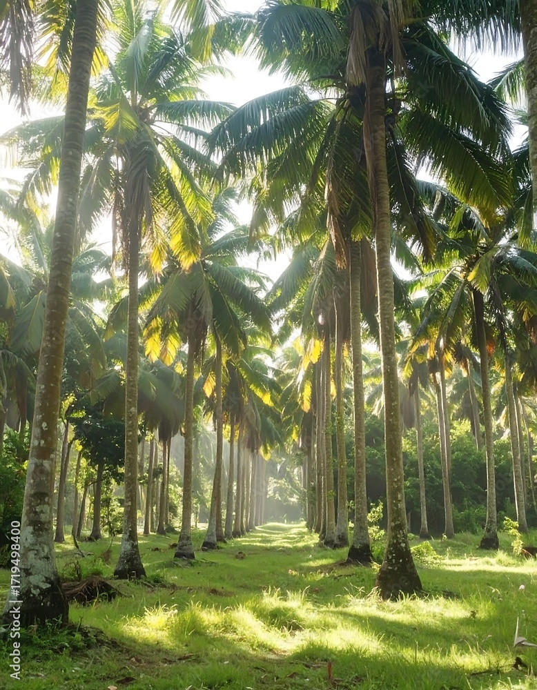 Obraz premium Lush palm grove walkway bathed in sunlight