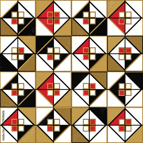 A luxurious and seamless geometric pattern with triangles and squares in a sophisticated gold, black, red, and white palette. vector illustration