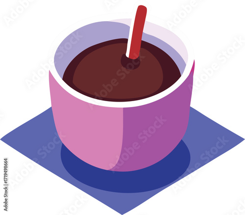 Warm and sweet hot chocolate served in a pink cup with a red straw on a purple mat delicious beverage for cozy moments enjoying a comforting drink