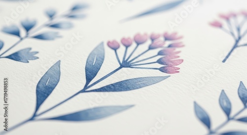 Watercolor Floral Pattern: Blue Leaves and Pink Flowers.