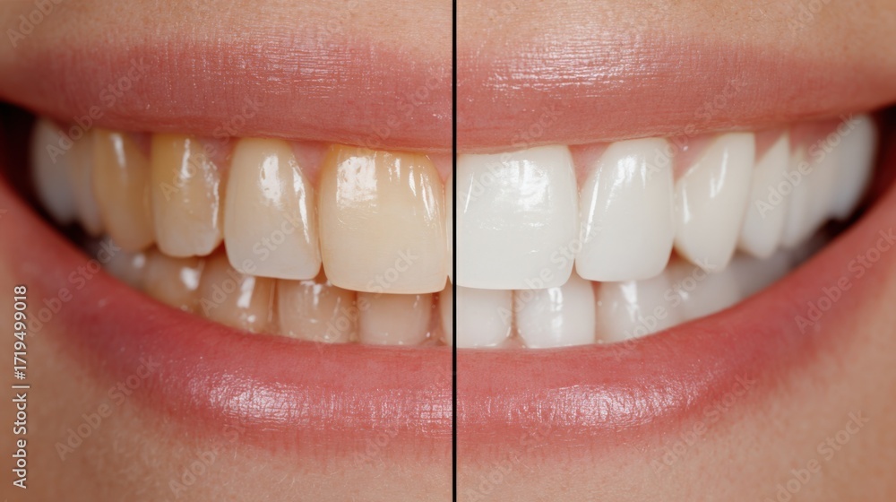 Fototapeta premium Before and After Teeth Whitening Treatment Revealing a Radiant Smile, Showing Transformation and Dental Care Results