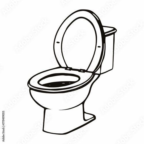 Simple line drawing of a toilet with open lid and tank  