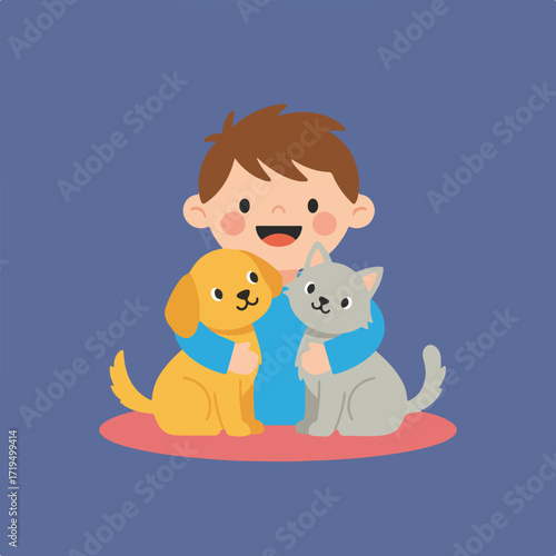 A cheerful cartoon of a boy hugging a yellow dog and a gray cat, all sitting on a pink mat against a muted blue background.