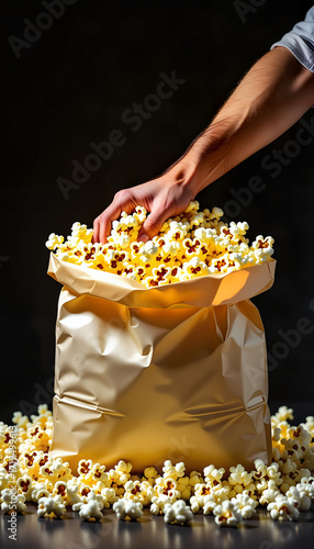 Hand reaching into bag of popcorn with scattered kernels around  