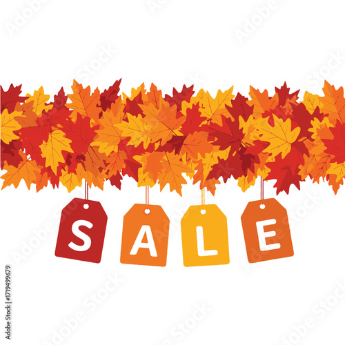 A festive top border of autumn leaves with hanging price tags spelling 'SALE', perfect for seasonal retail promotions. vector illustration