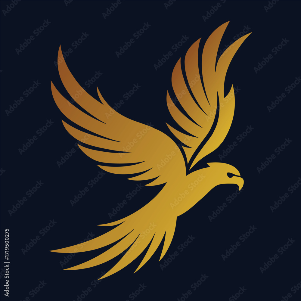 Obraz premium Golden eagle soaring with wings spread wide against a dark navy blue background symbolizing freedom and power