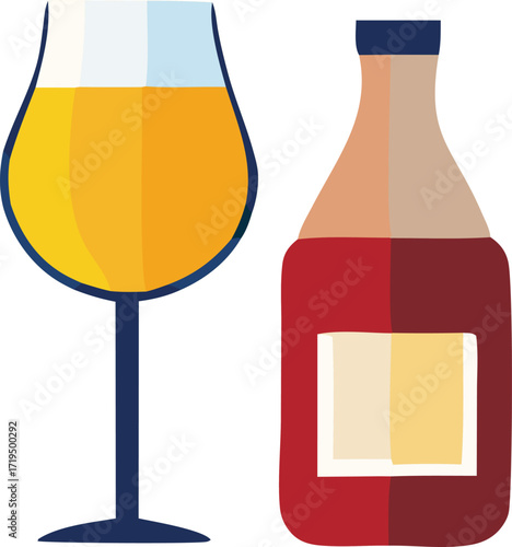Crisp golden beer in a tall glass next to a rich red wine bottle with a textured label perfect for beverages