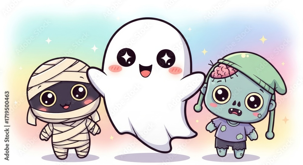Obraz premium Ghosts, mummies, and zombies in a cute style with big eyes and friendly expressions. The popularity of kawaii culture and the juxtaposition of the terrifying and the cute.