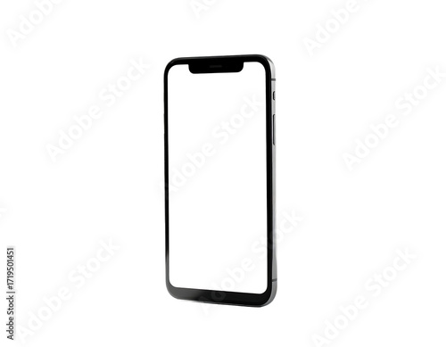 Sleek black smartphone with a blank, bright white screen, displayed at a slight angle against a pure black background