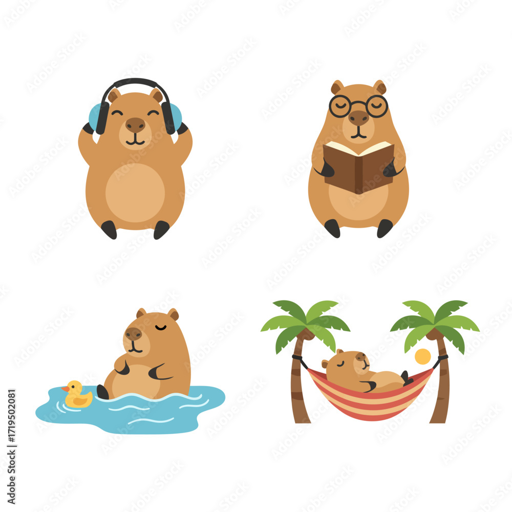 Fototapeta premium Vector of Cute capybara doing relaxing activities: listening to music, reading, bathing, and resting in a hammock under palm trees. Adorable cartoon animal lifestyle