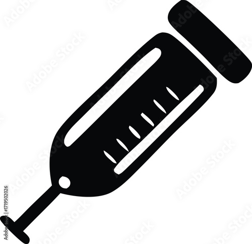Stylized black and white icon of a medical syringe representing healthcare vaccination and injection symbolism