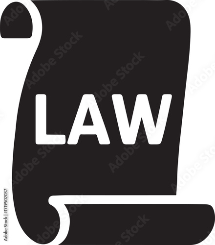 Law scroll silhouette vector icon for justice, legal documents, contract, court, attorney, rights, and authority design.