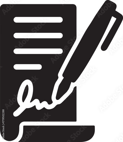 Contract signature silhouette vector icon for legal documents, agreement, approval, law, and authority design.