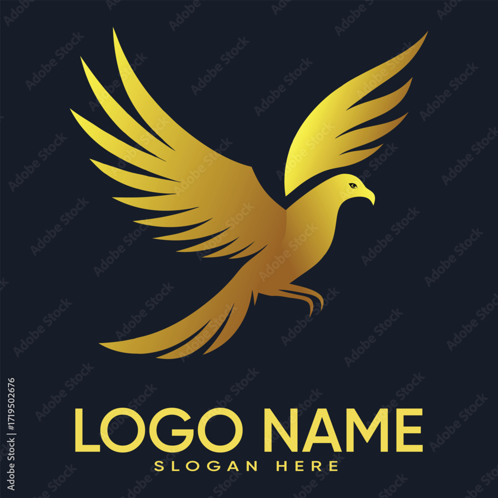Fototapeta premium Elegant golden eagle bird logo design with wings spread wide on dark background
